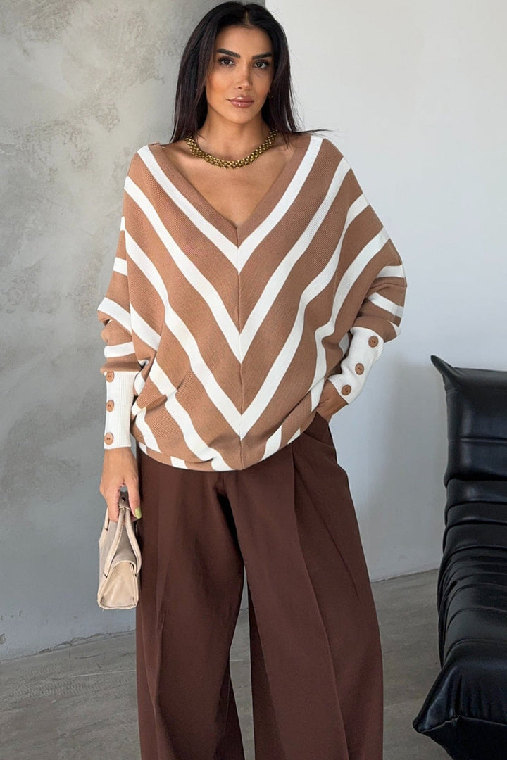 Camel Off-Shoulder Striped Knit Sweater with Button Details