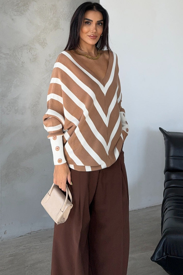 Off Shoulders Striped Knitted Sweater with Buttons in Camel - jqwholesale.com