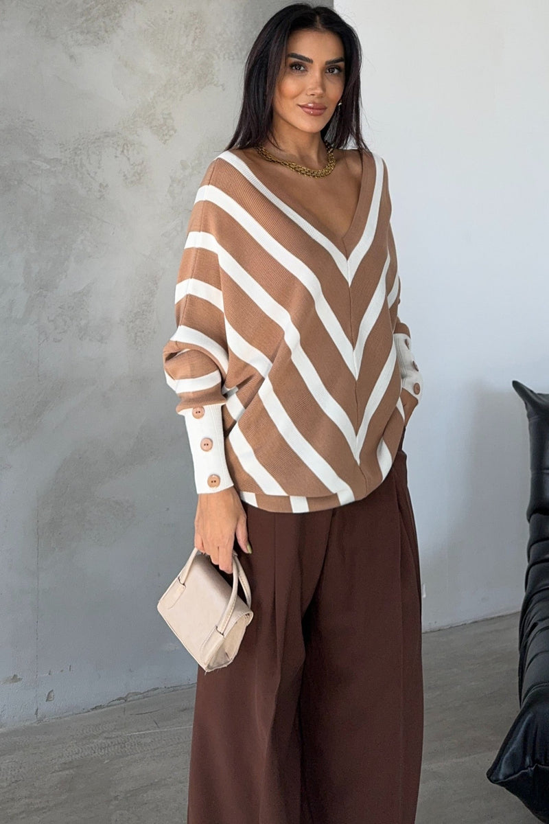 Camel Off-Shoulder Striped Knit Sweater with Button Details
