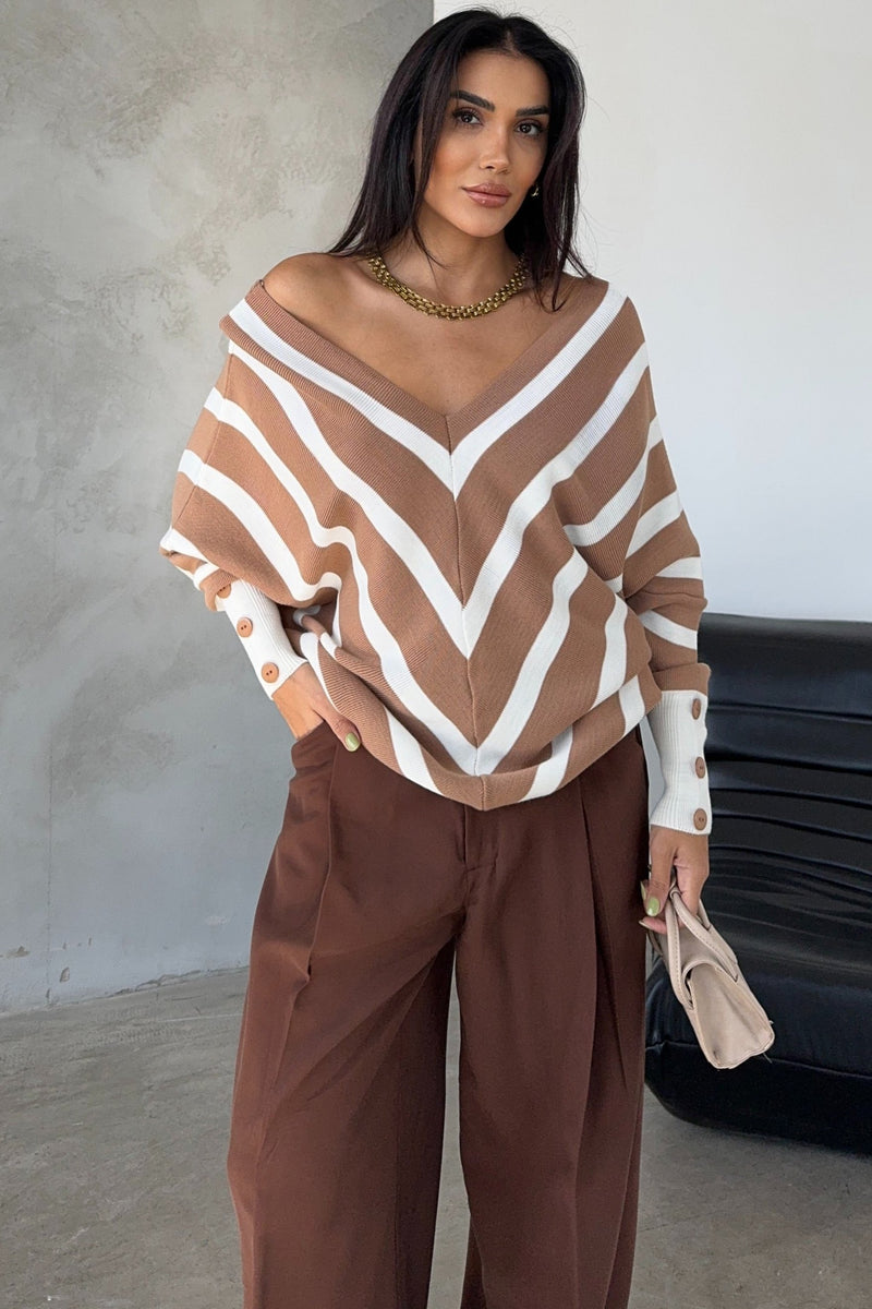 Camel Off-Shoulder Striped Knit Sweater with Button Details