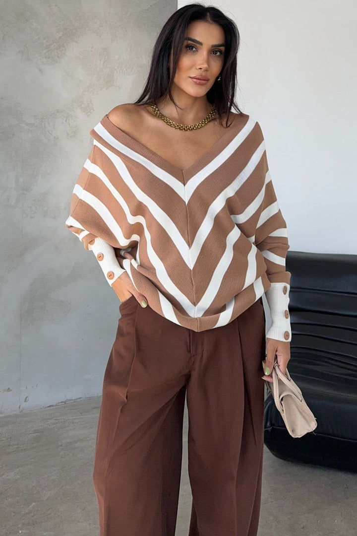 Camel Off-Shoulder Striped Knit Sweater with Button Details - jqwholesale.com