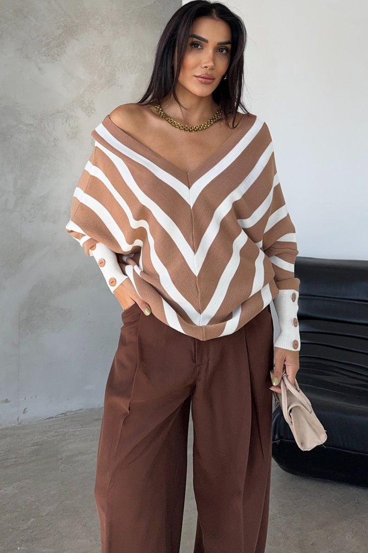 Off Shoulders Striped Knitted Sweater with Buttons in Camel - jqwholesale.com