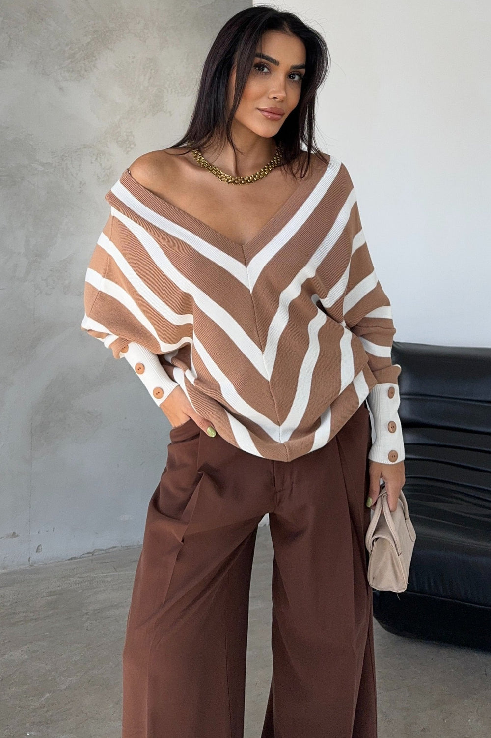 Off Shoulders Striped Knitted Sweater with Buttons in Camel - jqwholesale.com