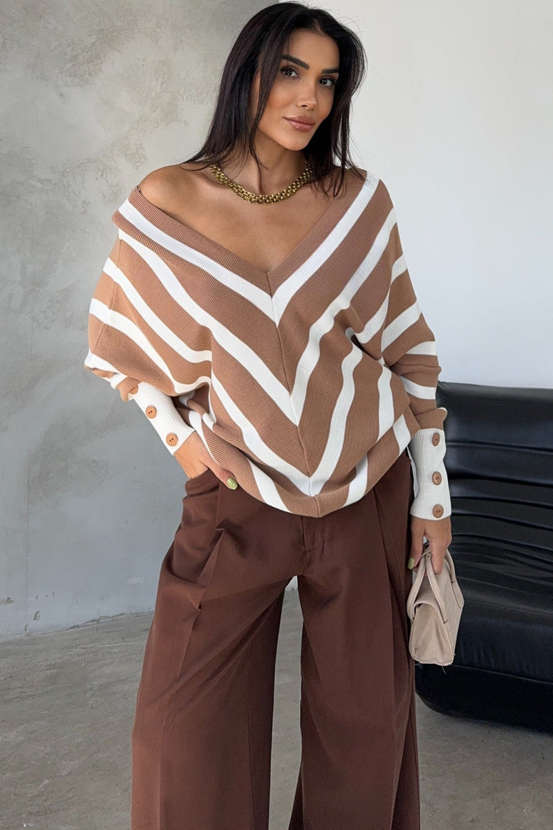 Camel Off-Shoulder Striped Knit Sweater with Button Details