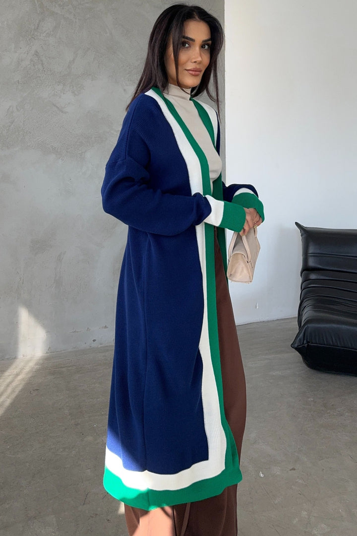 Longline ColourBlock Cardigan in Navy/Green - jqwholesale.com