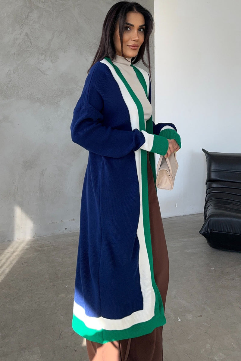 Navy & Green Color Block Longline Knit Cardigan