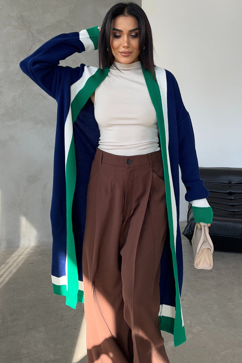 Navy & Green Color Block Longline Knit Cardigan
