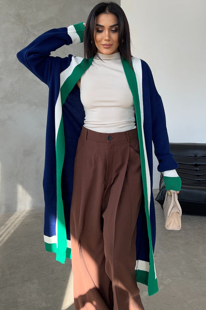 Navy & Green Color Block Longline Knit Cardigan