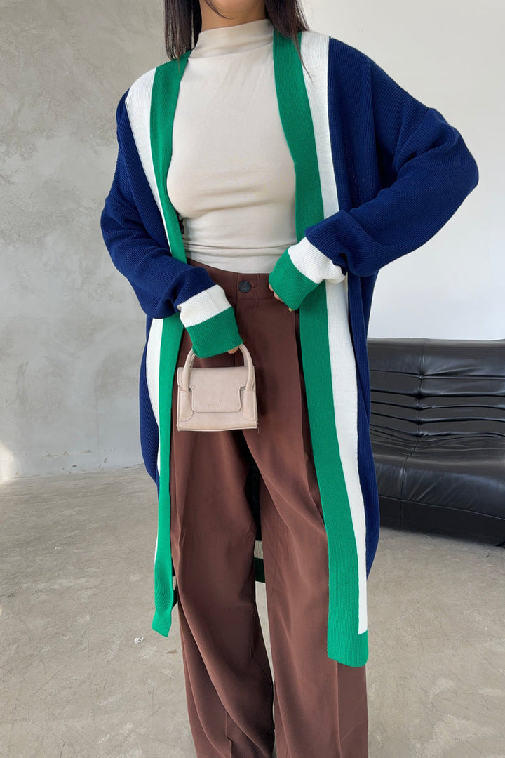 Navy & Green Color Block Longline Knit Cardigan