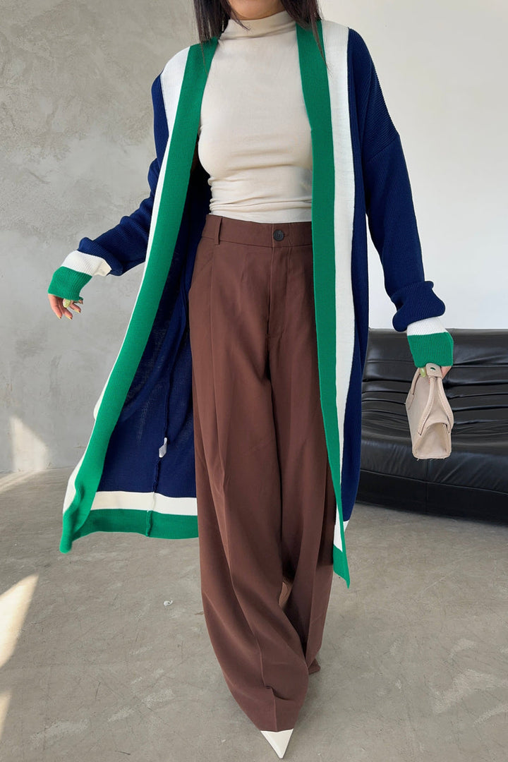 Navy & Green Color Block Longline Knit Cardigan