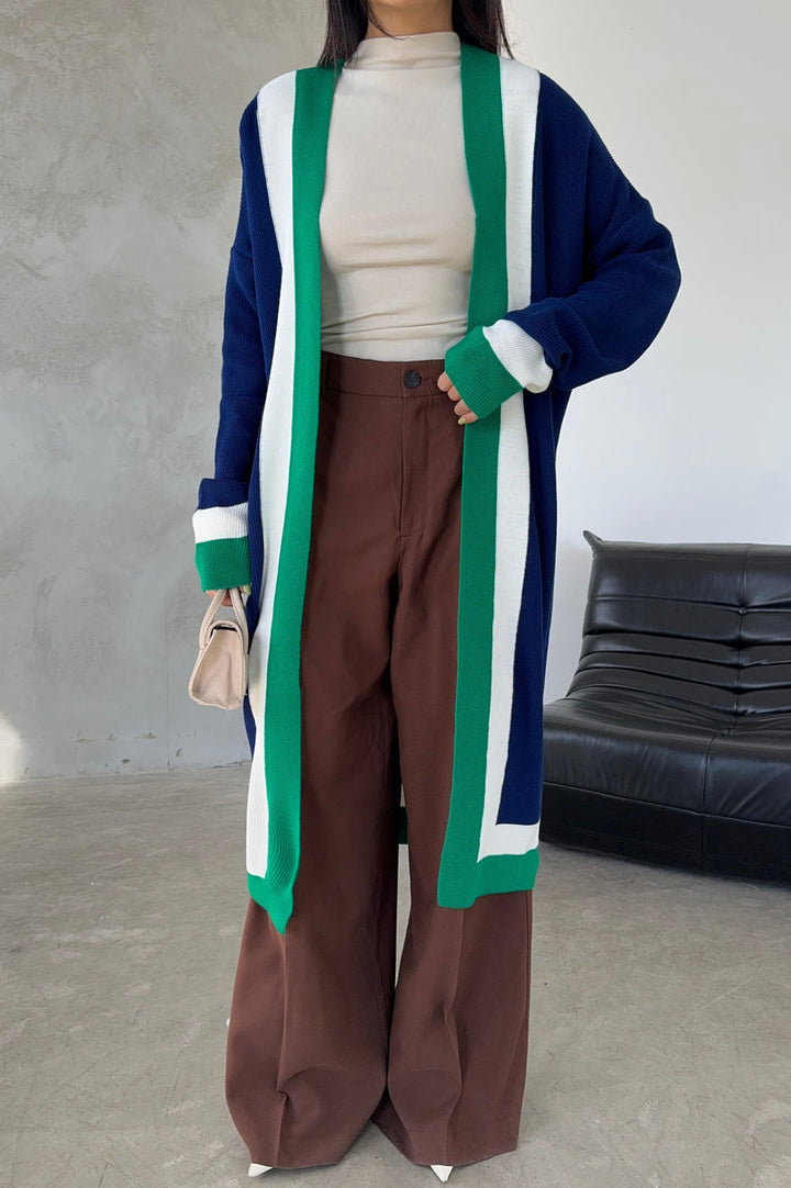 Navy & Green Color Block Longline Knit Cardigan