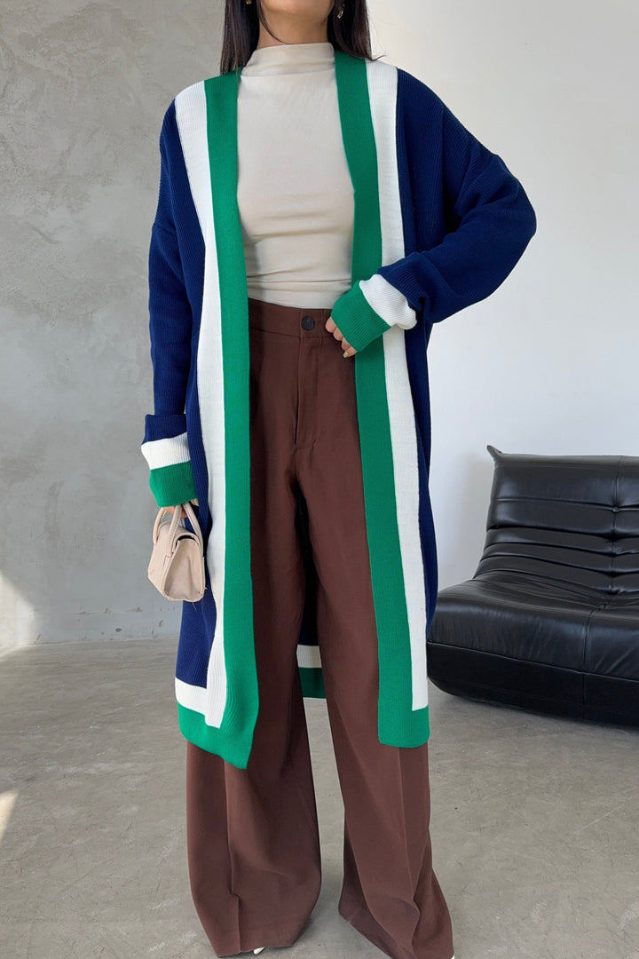 Longline ColourBlock Cardigan in Navy/Green - jqwholesale.com