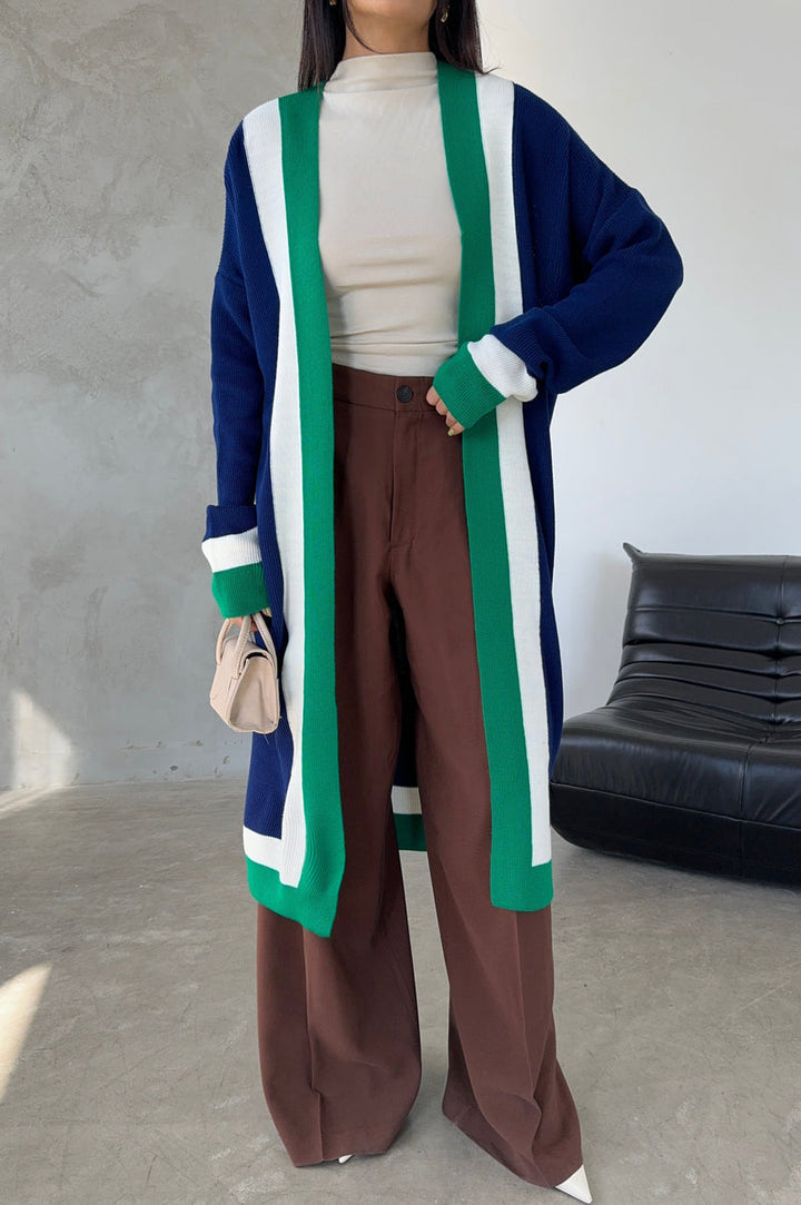 Navy & Green Color Block Longline Knit Cardigan
