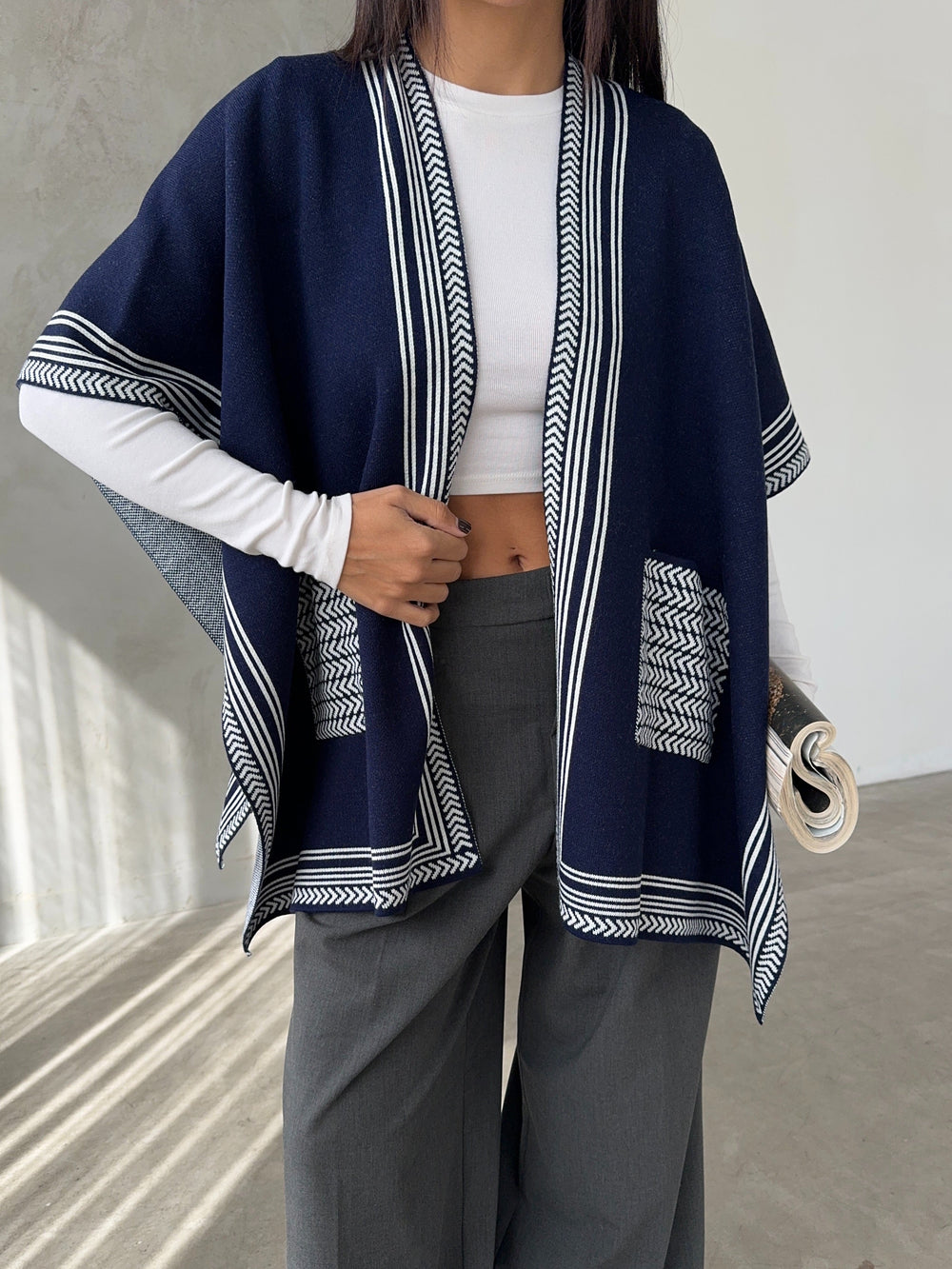 Knitted Cardigan/Poncho with Stripe Edge – Navy - jqwholesale.com