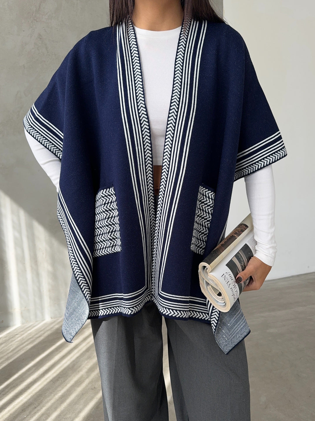 Knitted Cardigan/Poncho with Stripe Edge – Navy - jqwholesale.com