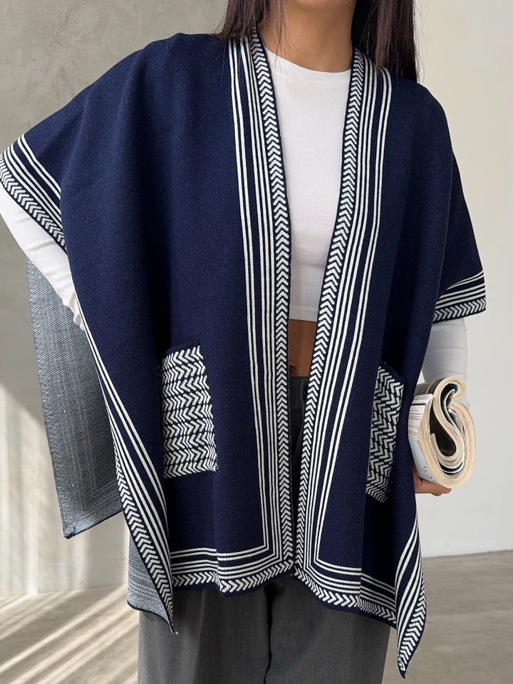 Knitted Cardigan/Poncho with Stripe Edge – Navy - jqwholesale.com