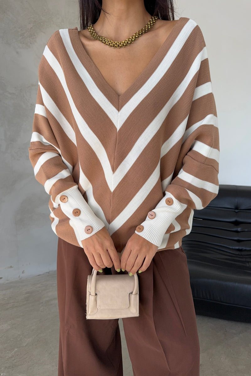 Camel Off-Shoulder Striped Knit Sweater with Button Details
