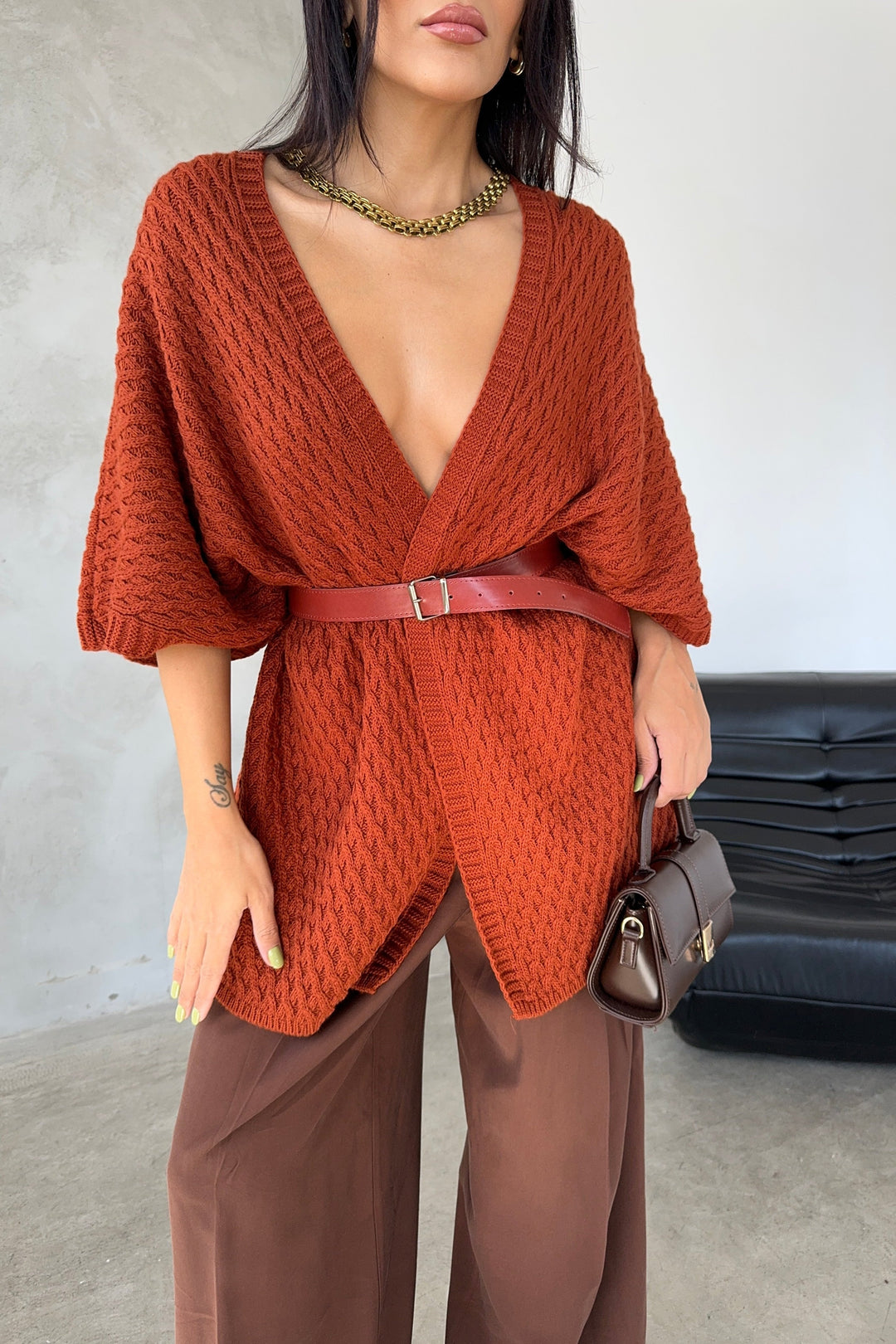Short Sleeve Wrap Cardigan in Rust Red - jqwholesale.com