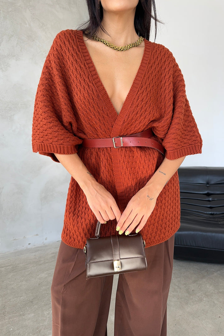 Short Sleeve Wrap Cardigan in Rust Red - jqwholesale.com