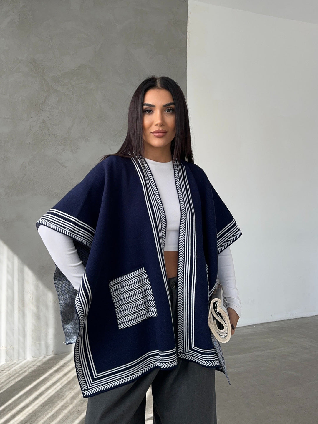 Knitted Cardigan/Poncho with Stripe Edge – Navy - jqwholesale.com