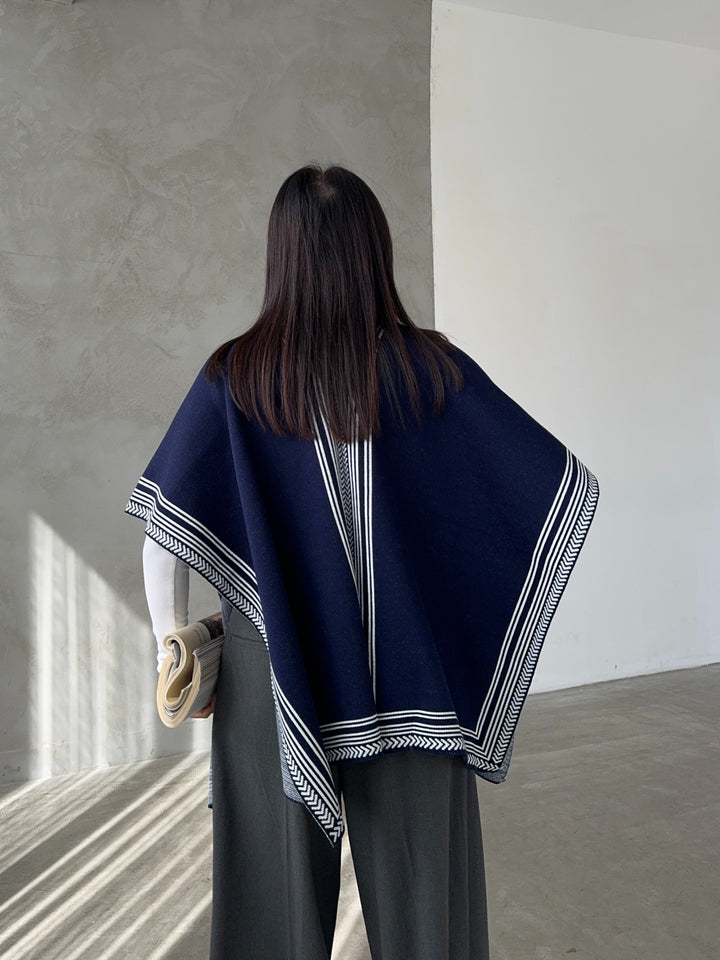 Knitted Cardigan/Poncho with Stripe Edge – Navy - jqwholesale.com