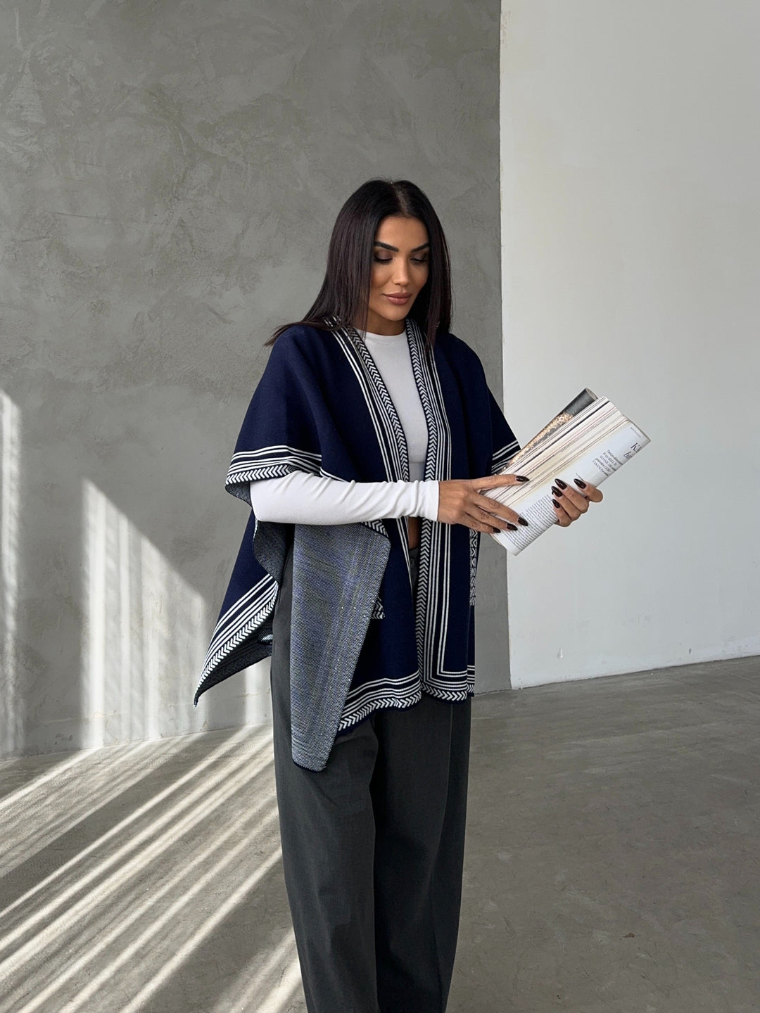 Knitted Cardigan/Poncho with Stripe Edge – Navy - jqwholesale.com