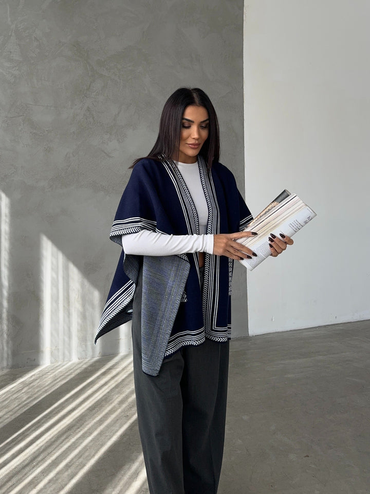 Knitted Cardigan/Poncho with Stripe Edge – Navy - jqwholesale.com