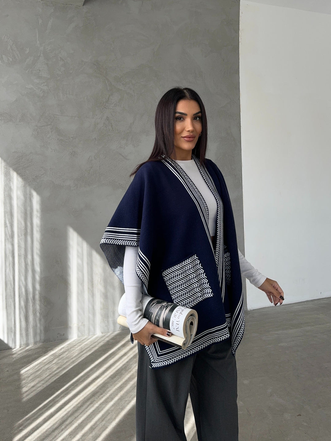 Knitted Cardigan/Poncho with Stripe Edge – Navy - jqwholesale.com