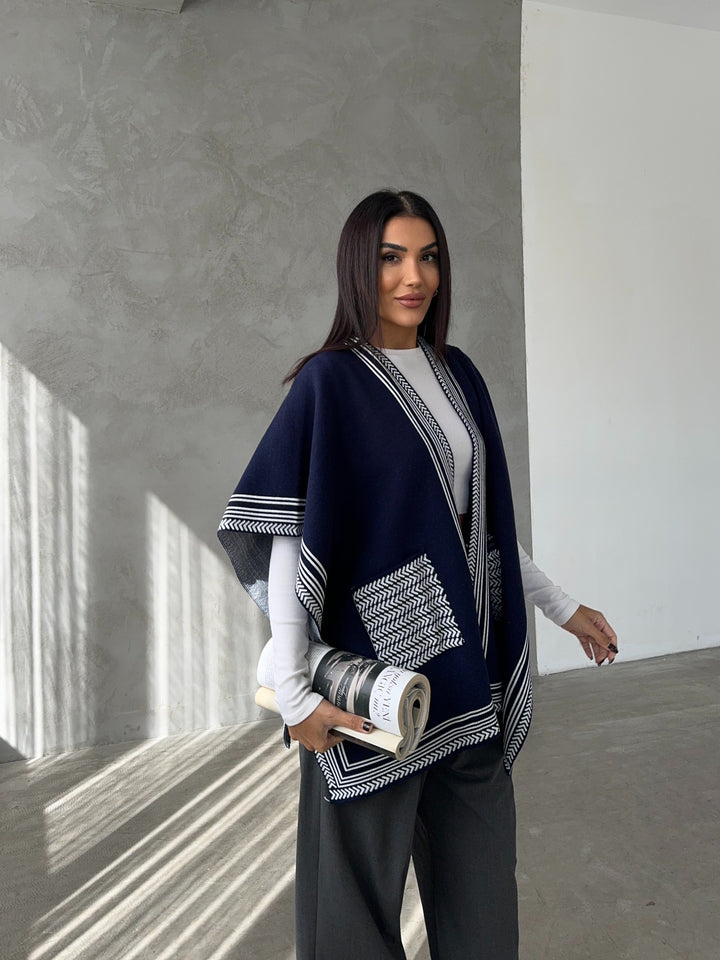 Knitted Cardigan/Poncho with Stripe Edge – Navy - jqwholesale.com