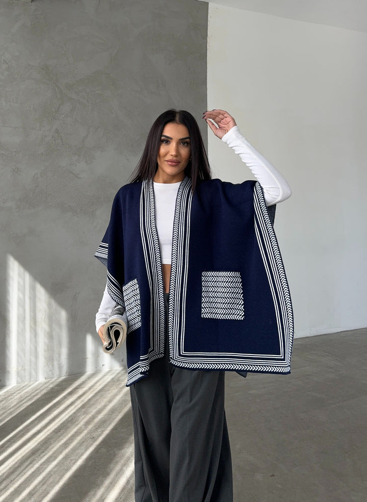 Knitted Cardigan/Poncho with Stripe Edge – Navy - jqwholesale.com
