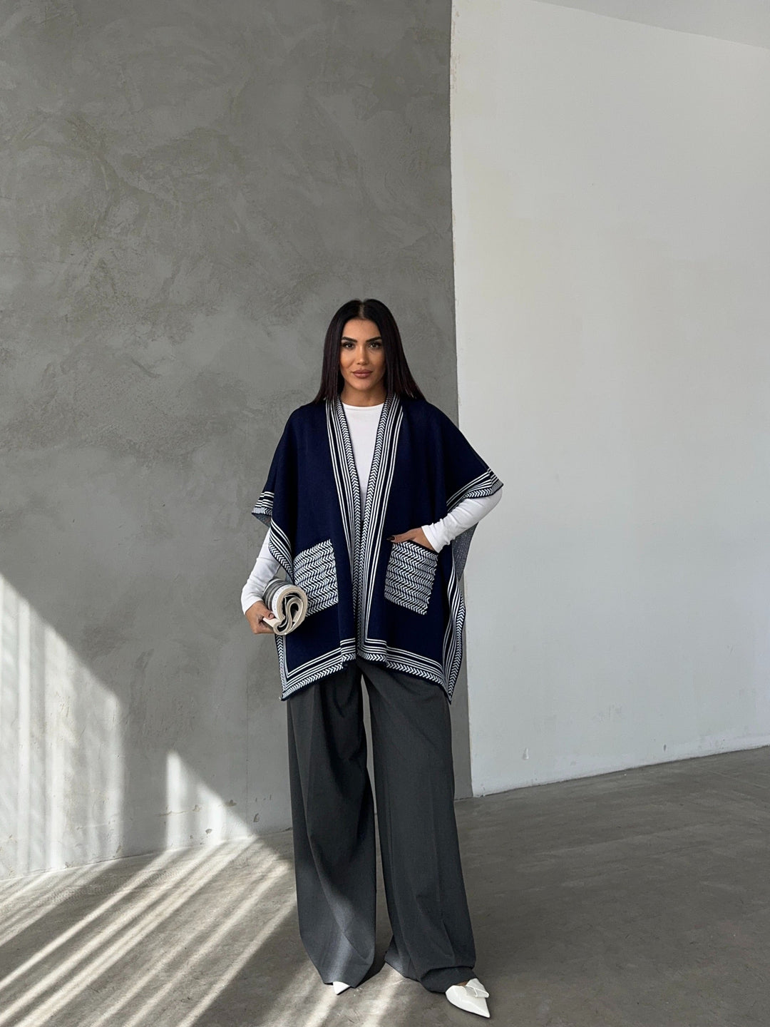 Knitted Cardigan/Poncho with Stripe Edge – Navy - jqwholesale.com