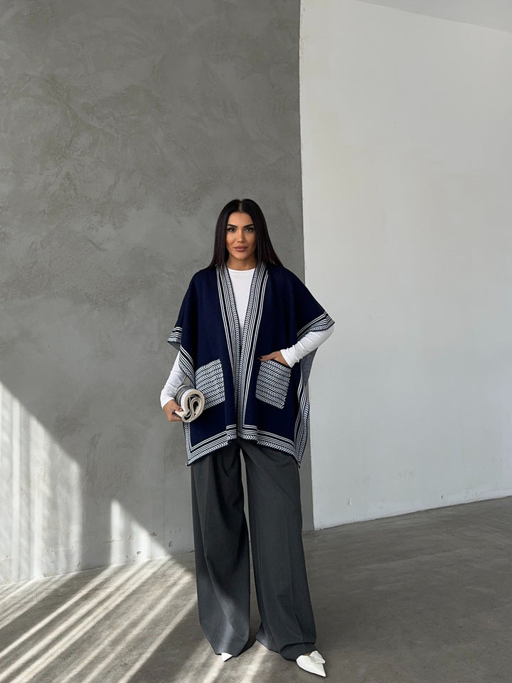 Knitted Cardigan/Poncho with Stripe Edge – Navy - jqwholesale.com