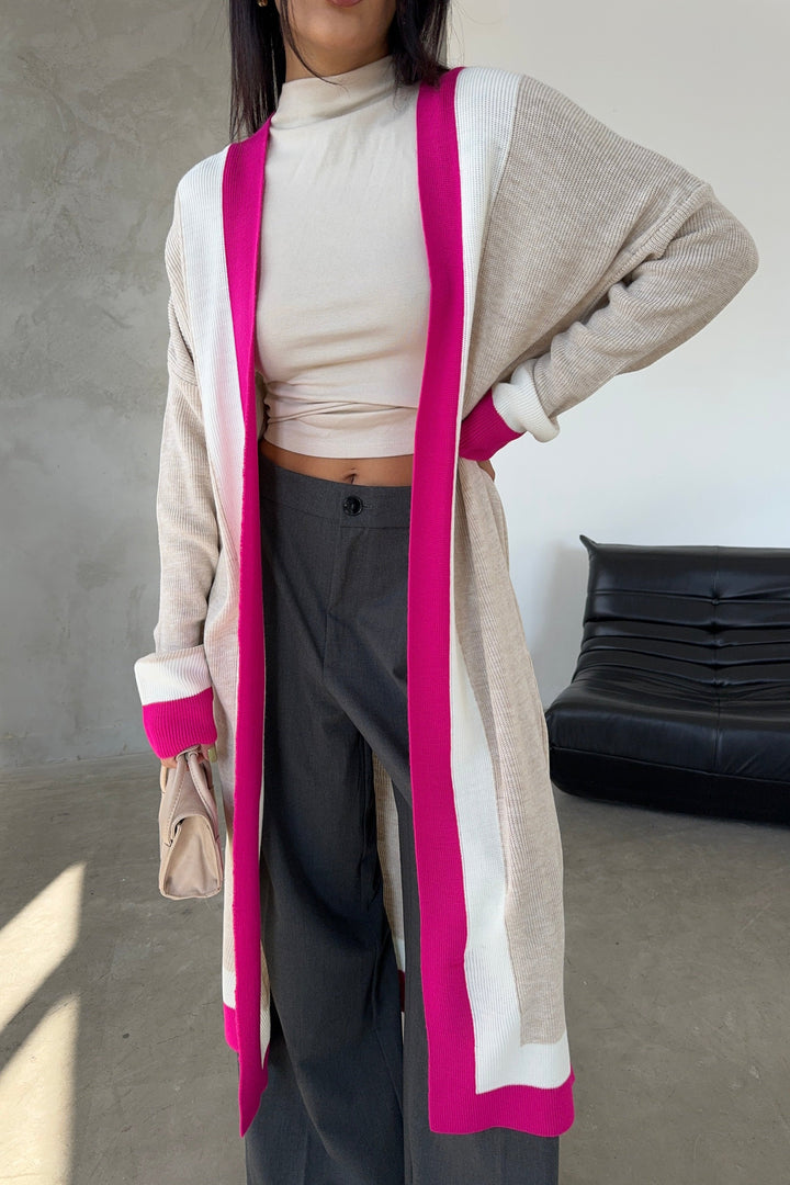 Longline ColourBlock Cardigan in Beige/Pink - jqwholesale.com