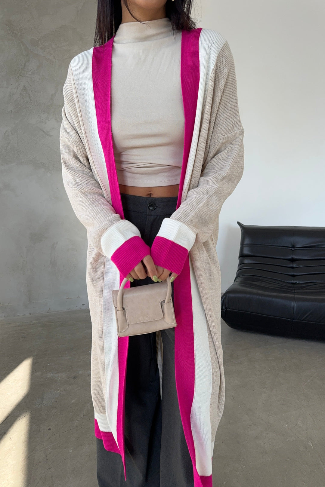 Longline ColourBlock Cardigan in Beige/Pink - jqwholesale.com