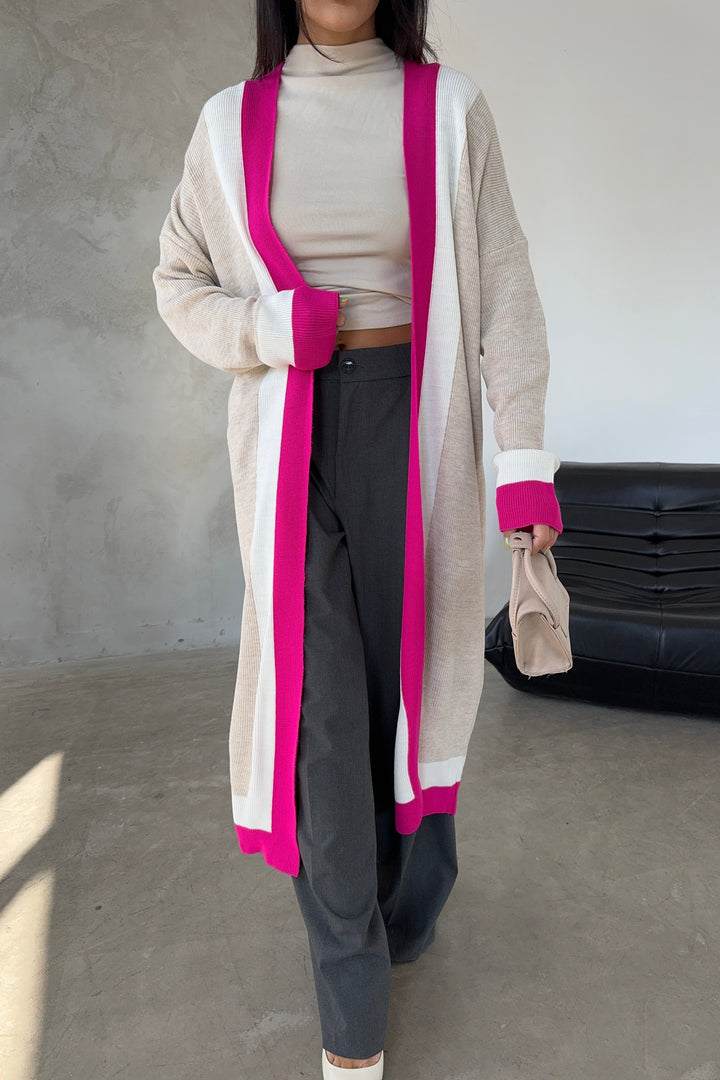 Longline ColourBlock Cardigan in Beige/Pink - jqwholesale.com