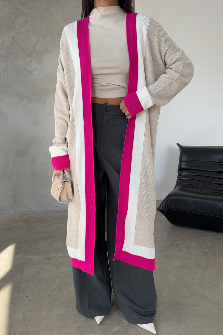 Longline ColourBlock Cardigan in Beige/Pink - jqwholesale.com