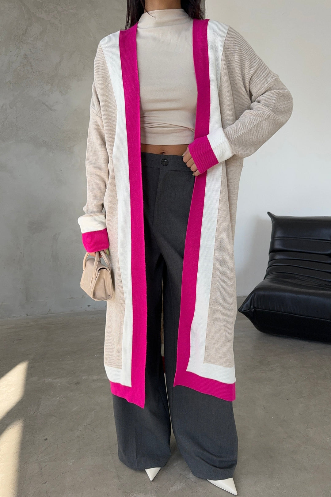Beige & Fuchsia Color Block Longline Knit Cardigan - jqwholesale.com