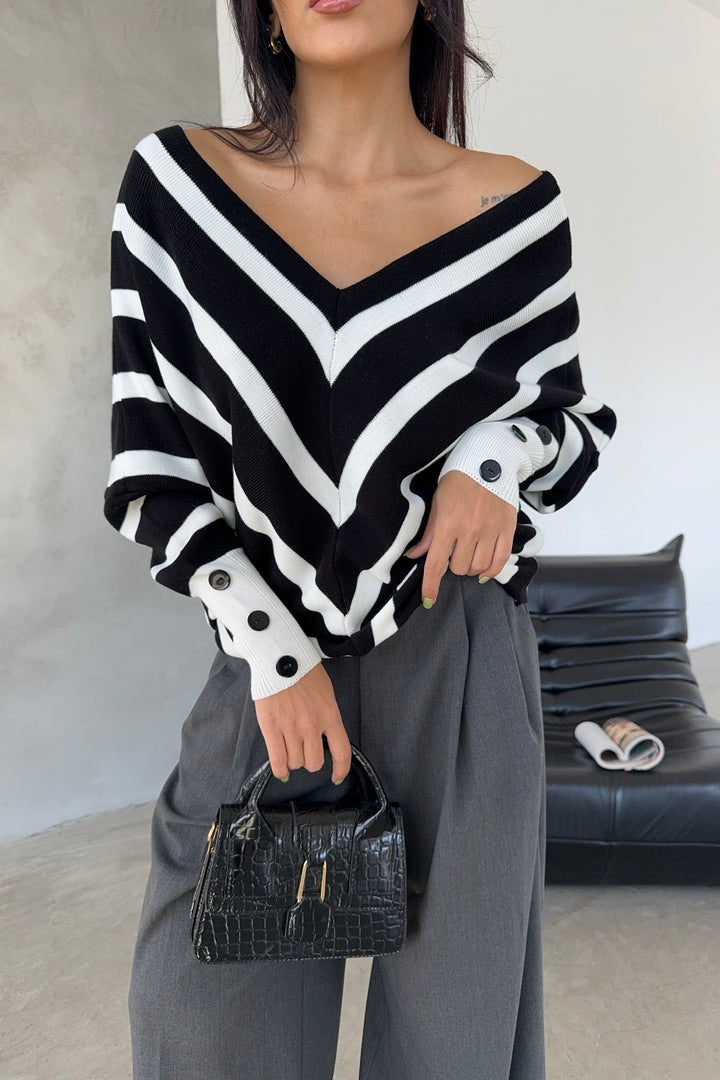 Off Shoulders Striped Knitted Sweater with Buttons in Black/White - jqwholesale.com