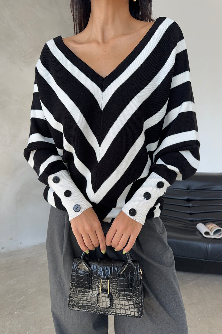 Off Shoulders Striped Knitted Sweater with Buttons in Black/White - jqwholesale.com