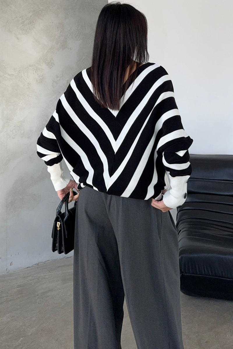Black Off-Shoulder Striped Knit Sweater with Button Details - jqwholesale.com