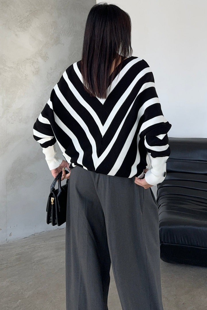 Off Shoulders Striped Knitted Sweater with Buttons in Black/White - jqwholesale.com
