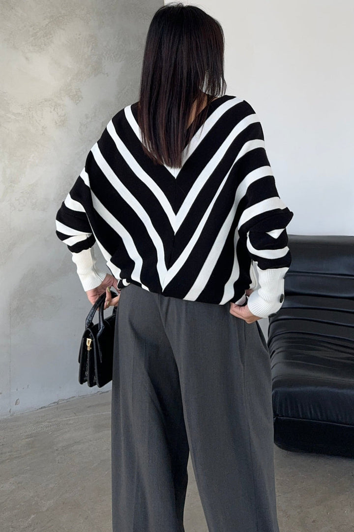 Black Off-Shoulder Striped Knit Sweater with Button Details - jqwholesale.com