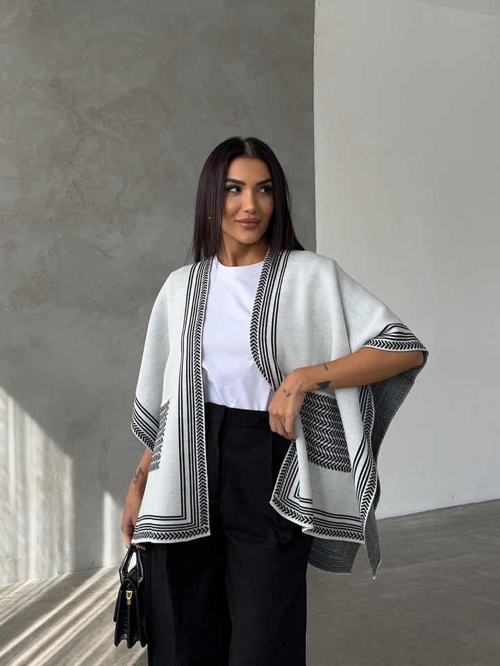 Knitted Cardigan/Poncho with Stripe Edge – Ecru - jqwholesale.com