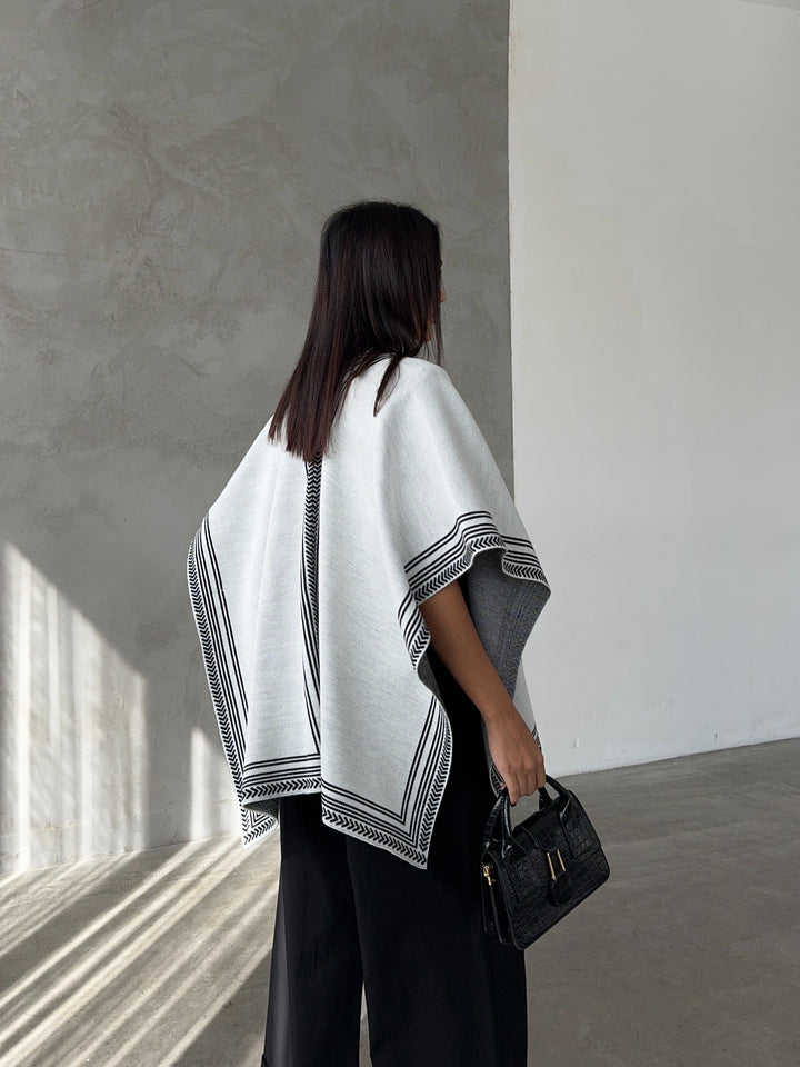 Knitted Cardigan/Poncho with Stripe Edge – Ecru - jqwholesale.com