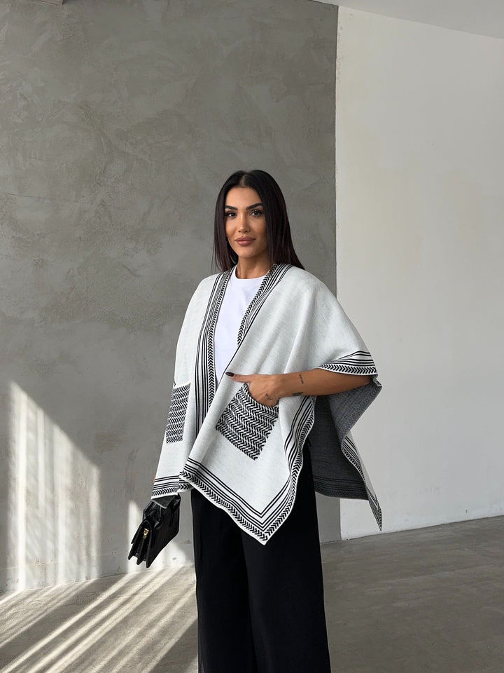 Knitted Cardigan/Poncho with Stripe Edge – Ecru - jqwholesale.com