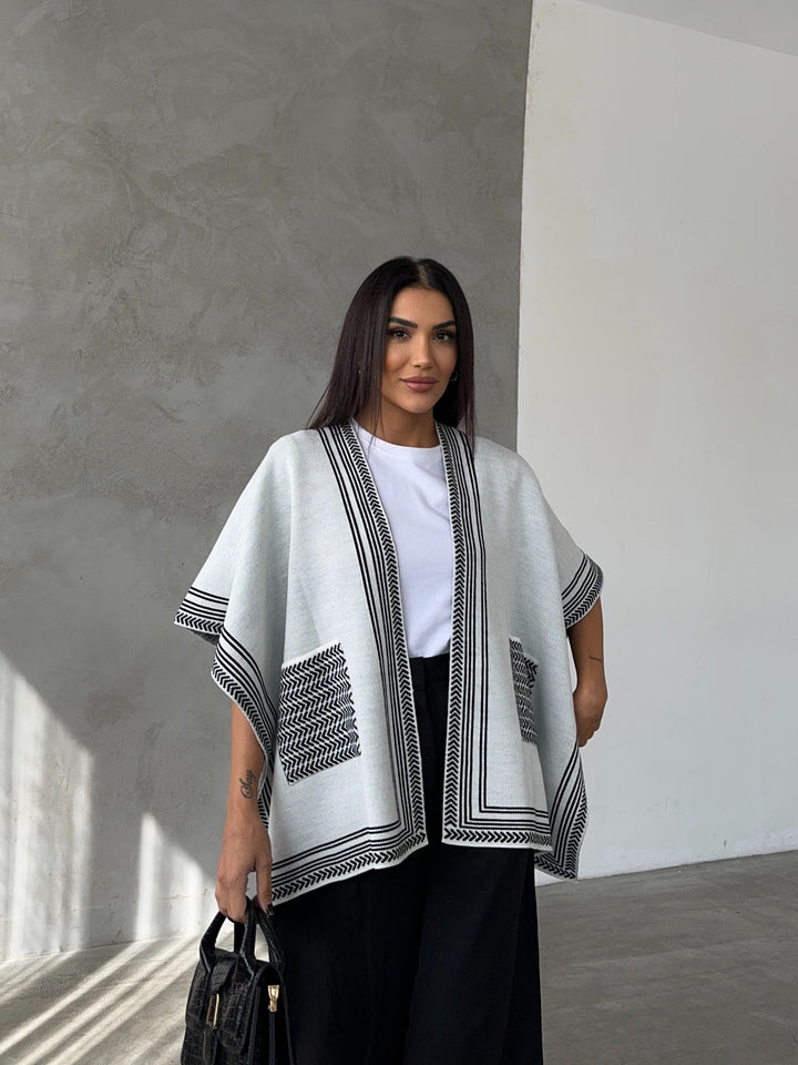 Knitted Cardigan/Poncho with Stripe Edge – Ecru - jqwholesale.com