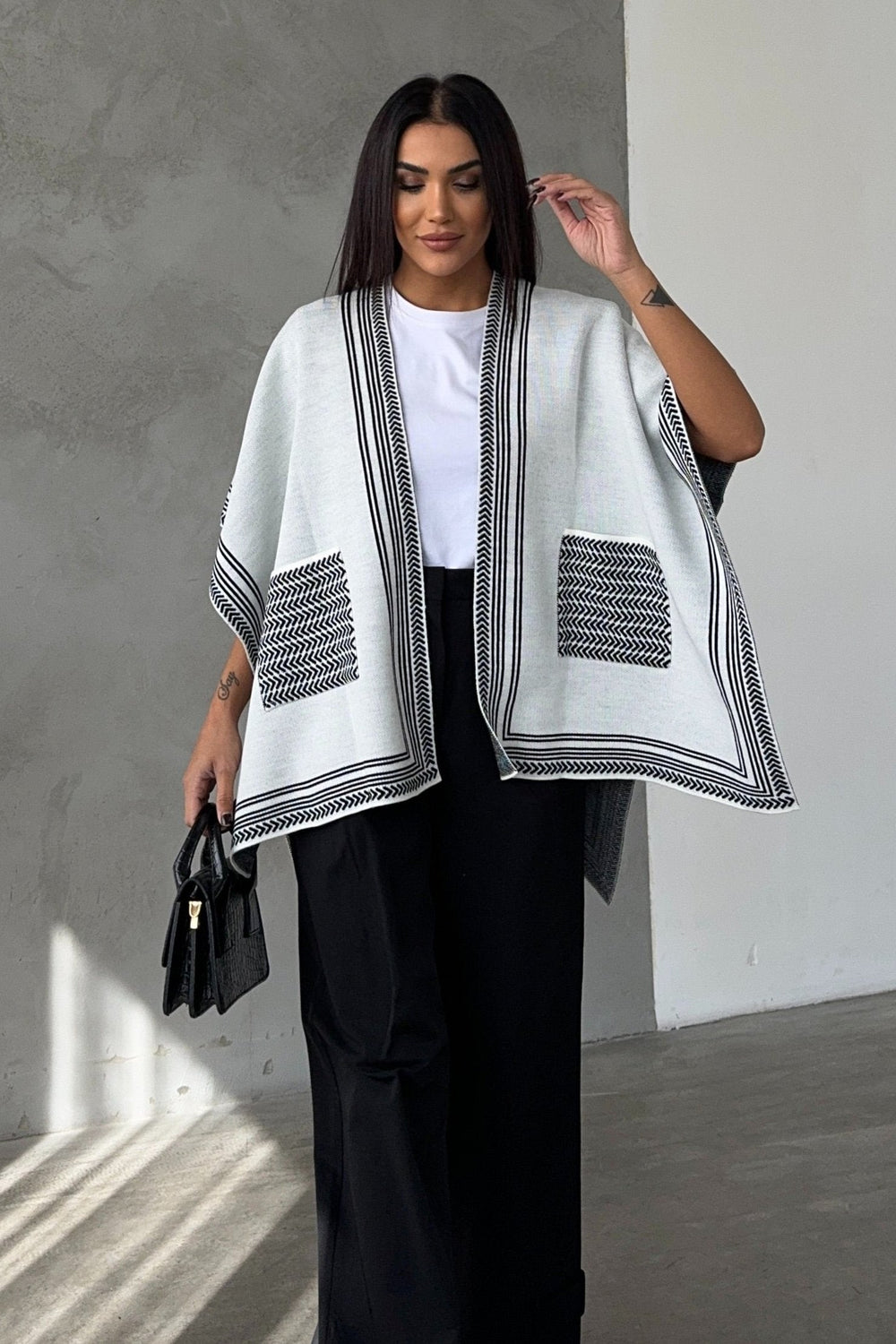 Knitted Cardigan/Poncho with Stripe Edge – Ecru - jqwholesale.com