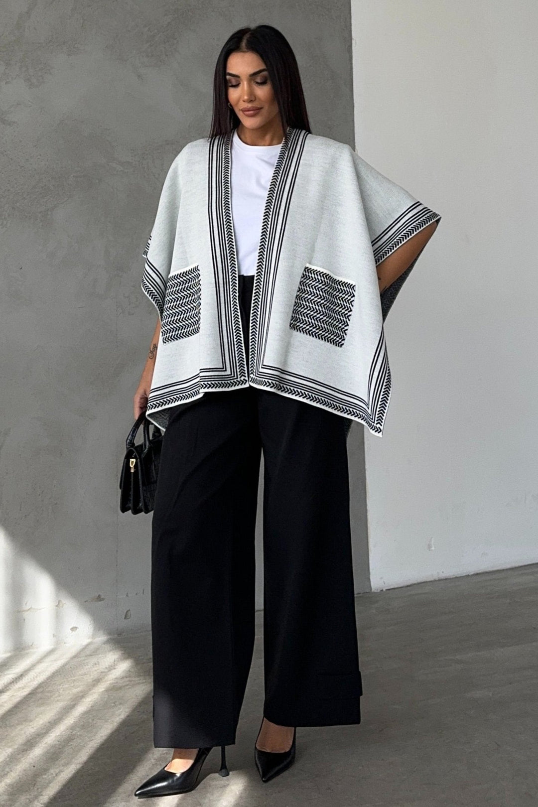 Knitted Cardigan/Poncho with Stripe Edge – Ecru - jqwholesale.com
