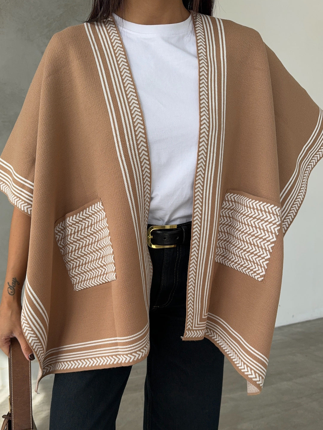 Knitted Cardigan/Poncho with Stripe Edge – Camel - jqwholesale.com