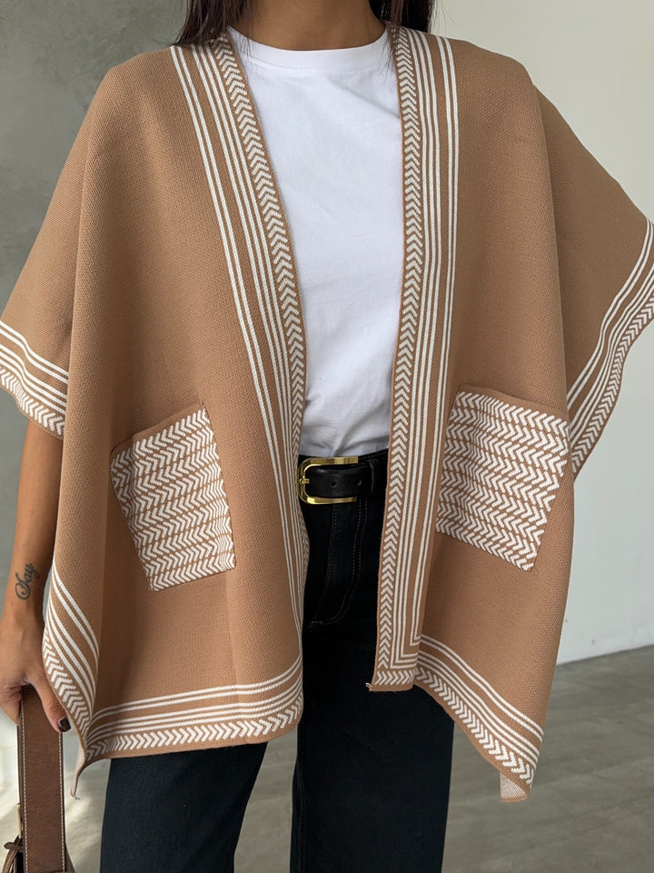 Knitted Cardigan/Poncho with Stripe Edge – Camel - jqwholesale.com